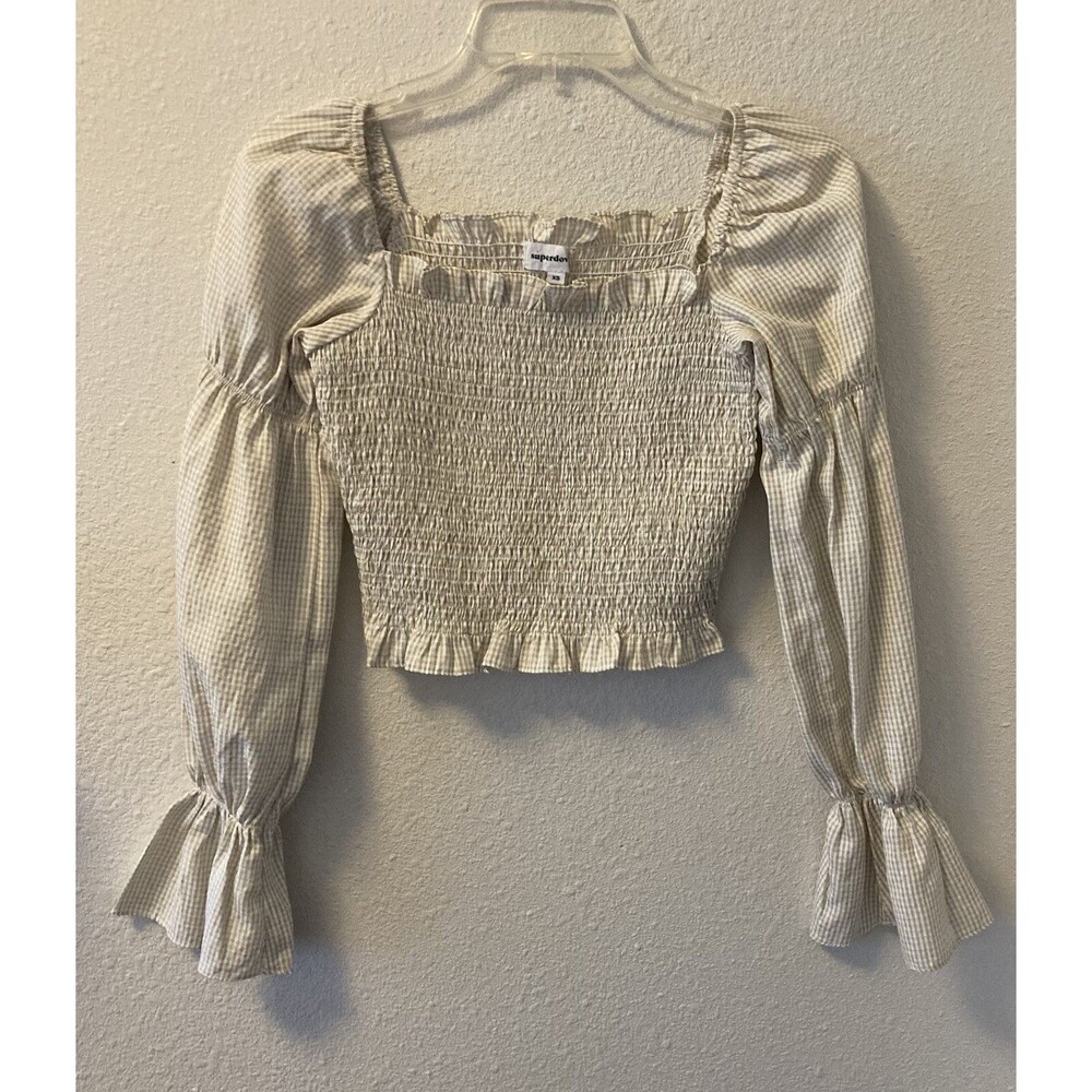 Superdown Womens Blouse Size XS Smocked Puff Sleeve Cropped Gingham Babydoll Top - Picture 1 of 11